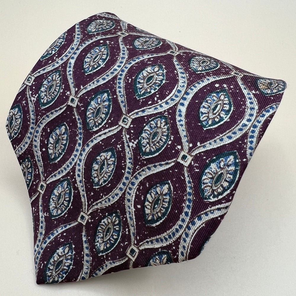 Tommy Hilfiger Mens Silk Tie Burgundy Navy Blue Geometric Medallion Italian Silk